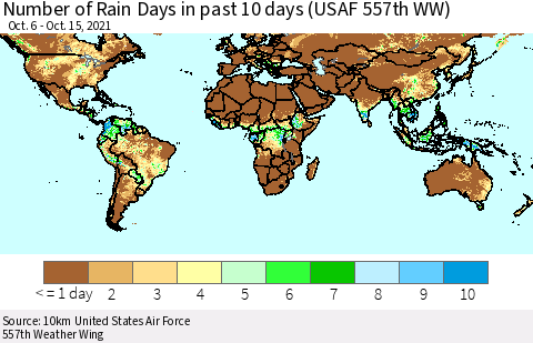 World Number of Rain Days in past 10 days (USAF 557th WW) Thematic Map For 10/11/2021 - 10/15/2021