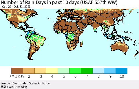 World Number of Rain Days in past 10 days (USAF 557th WW) Thematic Map For 10/26/2021 - 10/31/2021