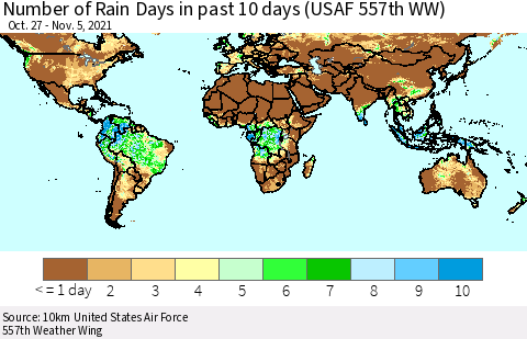 World Number of Rain Days in past 10 days (USAF 557th WW) Thematic Map For 11/1/2021 - 11/5/2021
