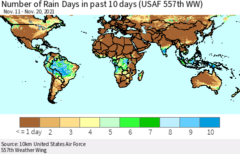 World Number of Rain Days in past 10 days (USAF 557th WW) Thematic Map For 11/16/2021 - 11/20/2021