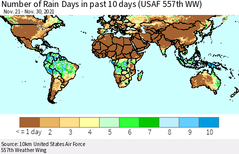 World Number of Rain Days in past 10 days (USAF 557th WW) Thematic Map For 11/26/2021 - 11/30/2021