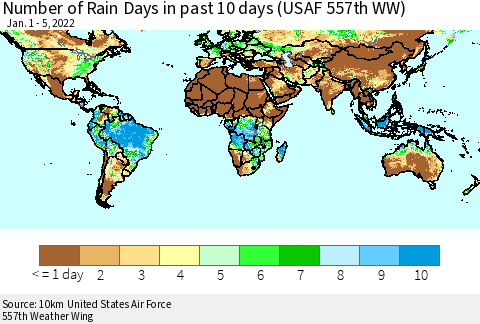 World Number of Rain Days in past 10 days (USAF 557th WW) Thematic Map For 1/1/2022 - 1/5/2022