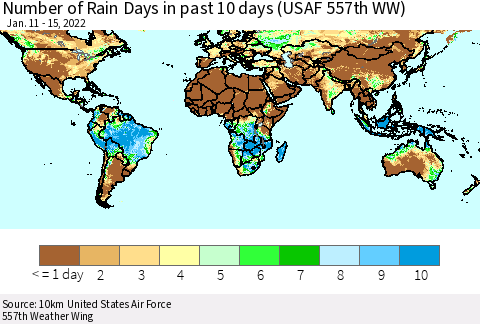 World Number of Rain Days in past 10 days (USAF 557th WW) Thematic Map For 1/11/2022 - 1/15/2022