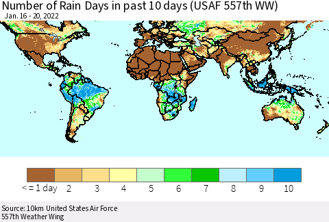 World Number of Rain Days in past 10 days (USAF 557th WW) Thematic Map For 1/16/2022 - 1/20/2022