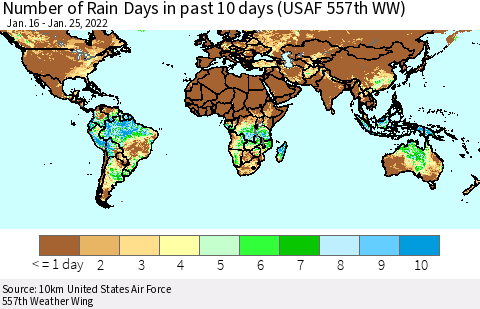 World Number of Rain Days in past 10 days (USAF 557th WW) Thematic Map For 1/21/2022 - 1/25/2022