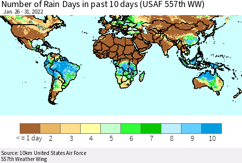 World Number of Rain Days in past 10 days (USAF 557th WW) Thematic Map For 1/26/2022 - 1/31/2022