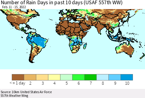 World Number of Rain Days in past 10 days (USAF 557th WW) Thematic Map For 2/11/2022 - 2/15/2022