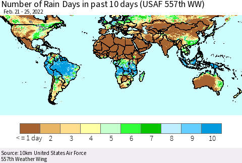 World Number of Rain Days in past 10 days (USAF 557th WW) Thematic Map For 2/21/2022 - 2/25/2022