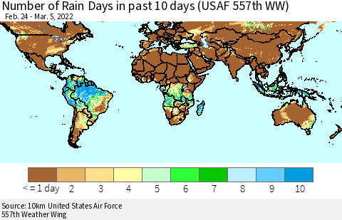 World Number of Rain Days in past 10 days (USAF 557th WW) Thematic Map For 3/1/2022 - 3/5/2022