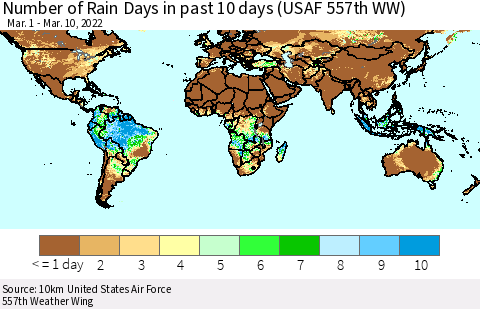 World Number of Rain Days in past 10 days (USAF 557th WW) Thematic Map For 3/6/2022 - 3/10/2022