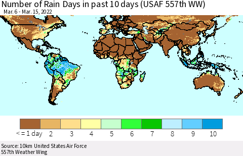 World Number of Rain Days in past 10 days (USAF 557th WW) Thematic Map For 3/11/2022 - 3/15/2022