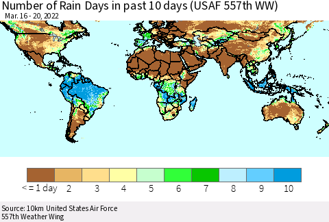 World Number of Rain Days in past 10 days (USAF 557th WW) Thematic Map For 3/16/2022 - 3/20/2022