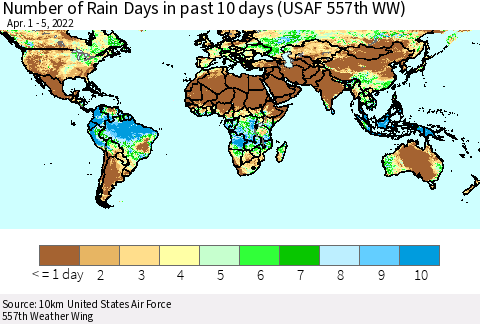 World Number of Rain Days in past 10 days (USAF 557th WW) Thematic Map For 4/1/2022 - 4/5/2022
