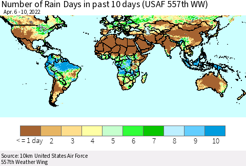 World Number of Rain Days in past 10 days (USAF 557th WW) Thematic Map For 4/6/2022 - 4/10/2022