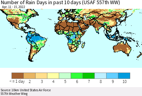 World Number of Rain Days in past 10 days (USAF 557th WW) Thematic Map For 4/11/2022 - 4/15/2022