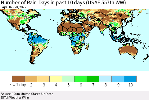 World Number of Rain Days in past 10 days (USAF 557th WW) Thematic Map For 4/16/2022 - 4/20/2022