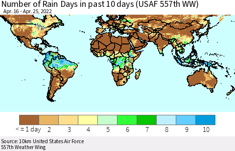 World Number of Rain Days in past 10 days (USAF 557th WW) Thematic Map For 4/21/2022 - 4/25/2022