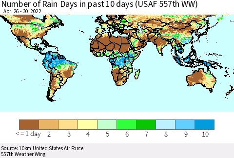 World Number of Rain Days in past 10 days (USAF 557th WW) Thematic Map For 4/26/2022 - 4/30/2022