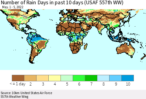 World Number of Rain Days in past 10 days (USAF 557th WW) Thematic Map For 5/1/2022 - 5/5/2022