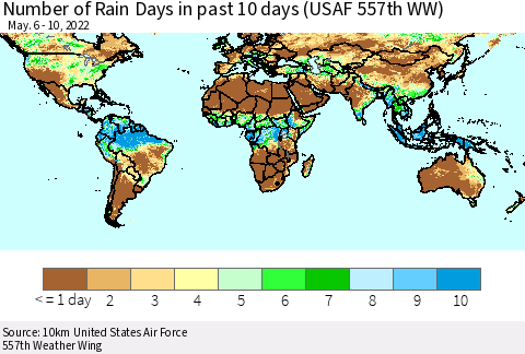 World Number of Rain Days in past 10 days (USAF 557th WW) Thematic Map For 5/6/2022 - 5/10/2022