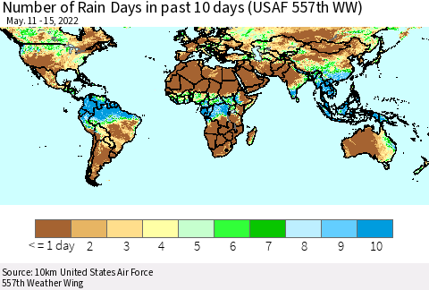 World Number of Rain Days in past 10 days (USAF 557th WW) Thematic Map For 5/11/2022 - 5/15/2022