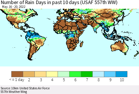 World Number of Rain Days in past 10 days (USAF 557th WW) Thematic Map For 5/16/2022 - 5/20/2022