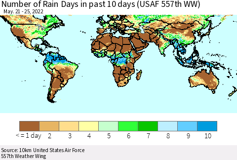 World Number of Rain Days in past 10 days (USAF 557th WW) Thematic Map For 5/21/2022 - 5/25/2022