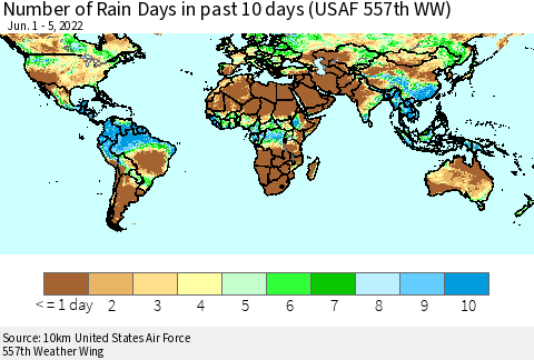 World Number of Rain Days in past 10 days (USAF 557th WW) Thematic Map For 6/1/2022 - 6/5/2022