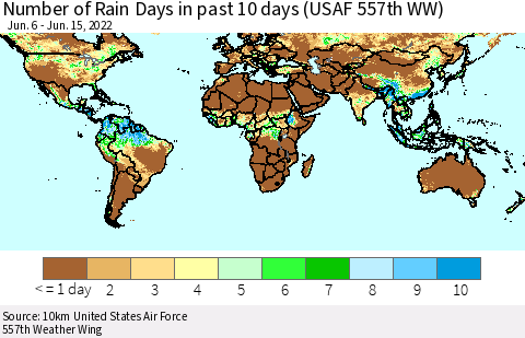 World Number of Rain Days in past 10 days (USAF 557th WW) Thematic Map For 6/11/2022 - 6/15/2022