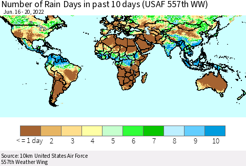 World Number of Rain Days in past 10 days (USAF 557th WW) Thematic Map For 6/16/2022 - 6/20/2022
