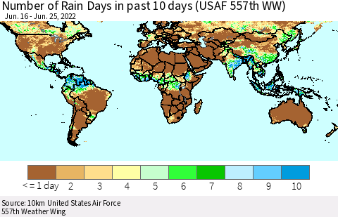 World Number of Rain Days in past 10 days (USAF 557th WW) Thematic Map For 6/21/2022 - 6/25/2022