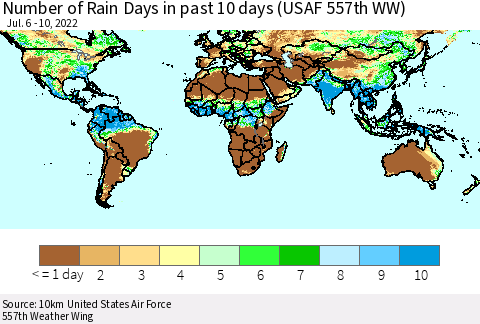 World Number of Rain Days in past 10 days (USAF 557th WW) Thematic Map For 7/6/2022 - 7/10/2022