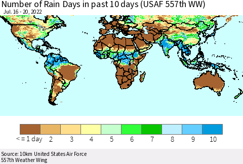 World Number of Rain Days in past 10 days (USAF 557th WW) Thematic Map For 7/16/2022 - 7/20/2022