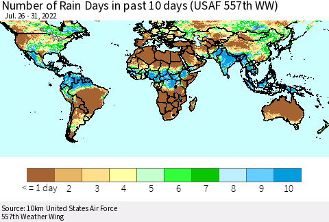 World Number of Rain Days in past 10 days (USAF 557th WW) Thematic Map For 7/26/2022 - 7/31/2022