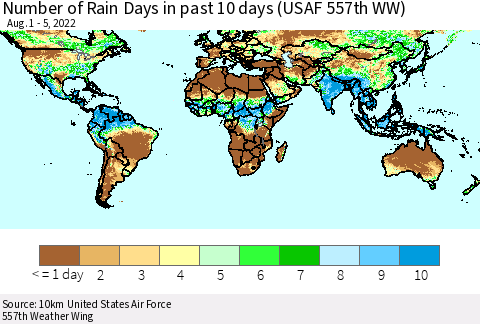 World Number of Rain Days in past 10 days (USAF 557th WW) Thematic Map For 8/1/2022 - 8/5/2022
