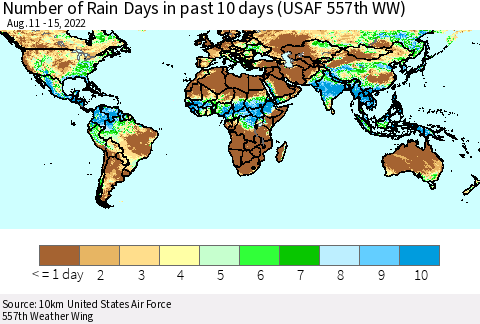 World Number of Rain Days in past 10 days (USAF 557th WW) Thematic Map For 8/11/2022 - 8/15/2022