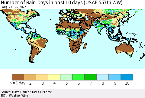World Number of Rain Days in past 10 days (USAF 557th WW) Thematic Map For 8/21/2022 - 8/25/2022