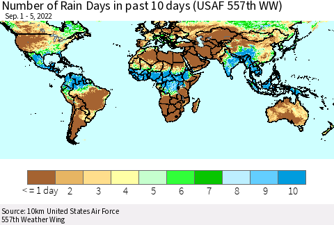 World Number of Rain Days in past 10 days (USAF 557th WW) Thematic Map For 9/1/2022 - 9/5/2022