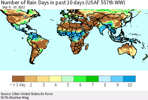 World Number of Rain Days in past 10 days (USAF 557th WW) Thematic Map For 9/6/2022 - 9/10/2022