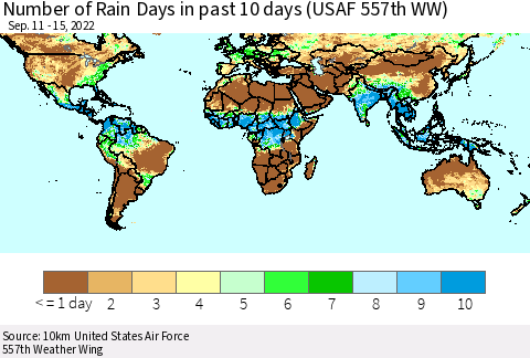 World Number of Rain Days in past 10 days (USAF 557th WW) Thematic Map For 9/11/2022 - 9/15/2022
