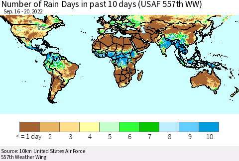 World Number of Rain Days in past 10 days (USAF 557th WW) Thematic Map For 9/16/2022 - 9/20/2022