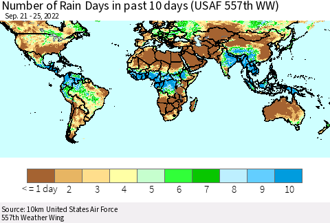 World Number of Rain Days in past 10 days (USAF 557th WW) Thematic Map For 9/21/2022 - 9/25/2022