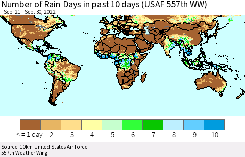 World Number of Rain Days in past 10 days (USAF 557th WW) Thematic Map For 9/26/2022 - 9/30/2022