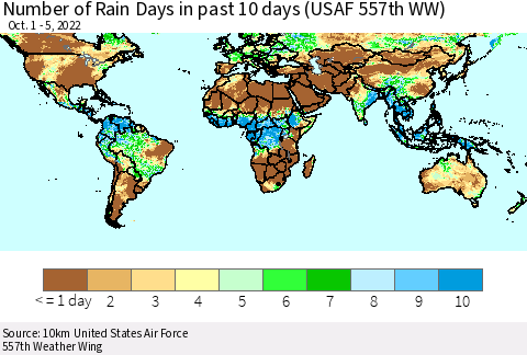 World Number of Rain Days in past 10 days (USAF 557th WW) Thematic Map For 10/1/2022 - 10/5/2022