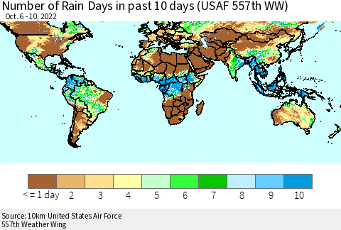 World Number of Rain Days in past 10 days (USAF 557th WW) Thematic Map For 10/6/2022 - 10/10/2022