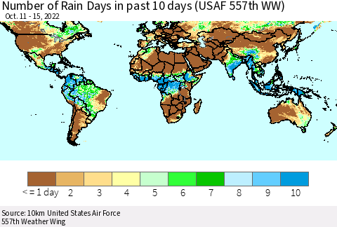 World Number of Rain Days in past 10 days (USAF 557th WW) Thematic Map For 10/11/2022 - 10/15/2022