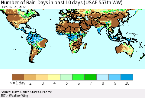 World Number of Rain Days in past 10 days (USAF 557th WW) Thematic Map For 10/16/2022 - 10/20/2022
