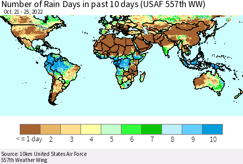 World Number of Rain Days in past 10 days (USAF 557th WW) Thematic Map For 10/21/2022 - 10/25/2022