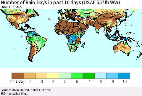 World Number of Rain Days in past 10 days (USAF 557th WW) Thematic Map For 11/1/2022 - 11/5/2022