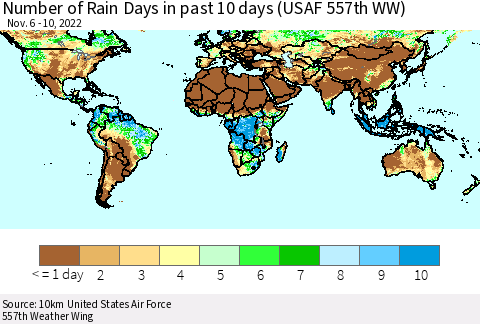 World Number of Rain Days in past 10 days (USAF 557th WW) Thematic Map For 11/6/2022 - 11/10/2022